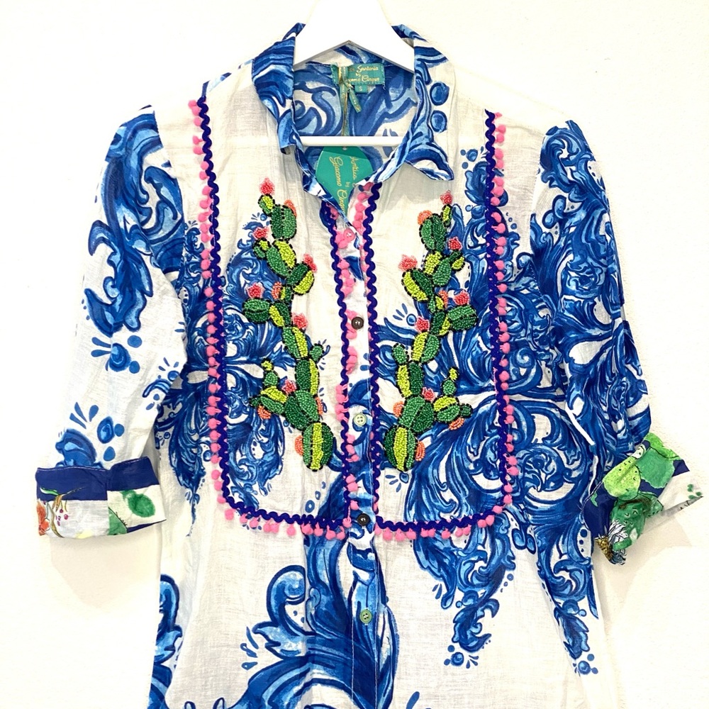 Antica Sartoria Floral Cactus Button down Dress with Beadwork Pom Poms